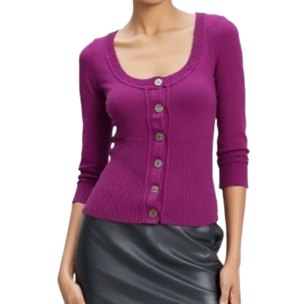 BCBG Generation Y2K Ribbed Empire Waist Cardigan in Vibrant Purple Size XS